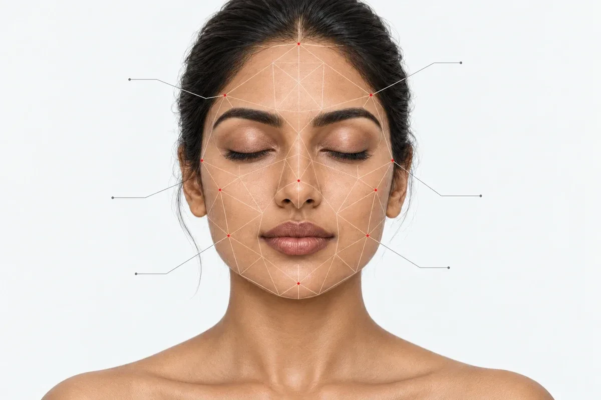 colour illustration of a woman with closed eyes and a fine facial mapping mesh for Vinitas Hydra facials.
