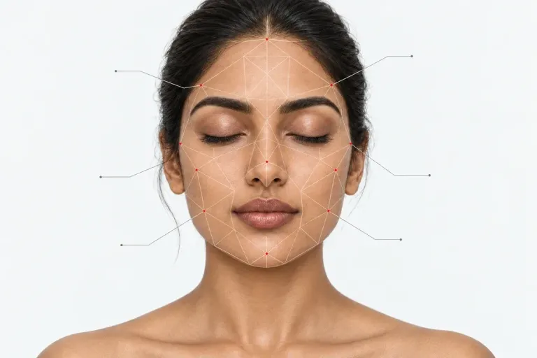 colour illustration of a woman with closed eyes and a fine facial mapping mesh for Vinitas Hydra facials.