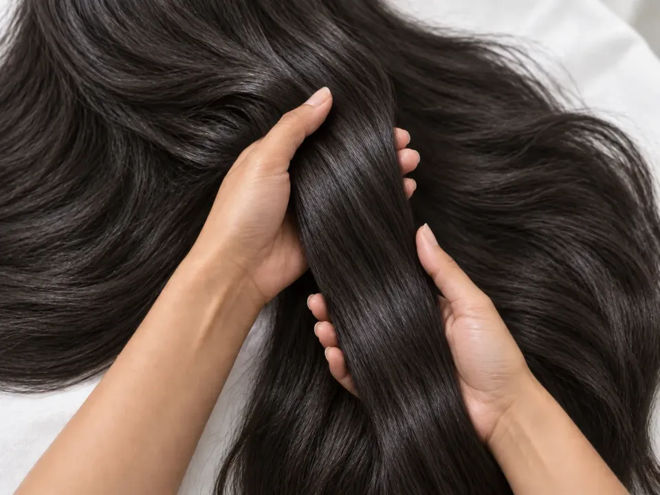 Two hands gently holding a smooth section of long, dark hair.